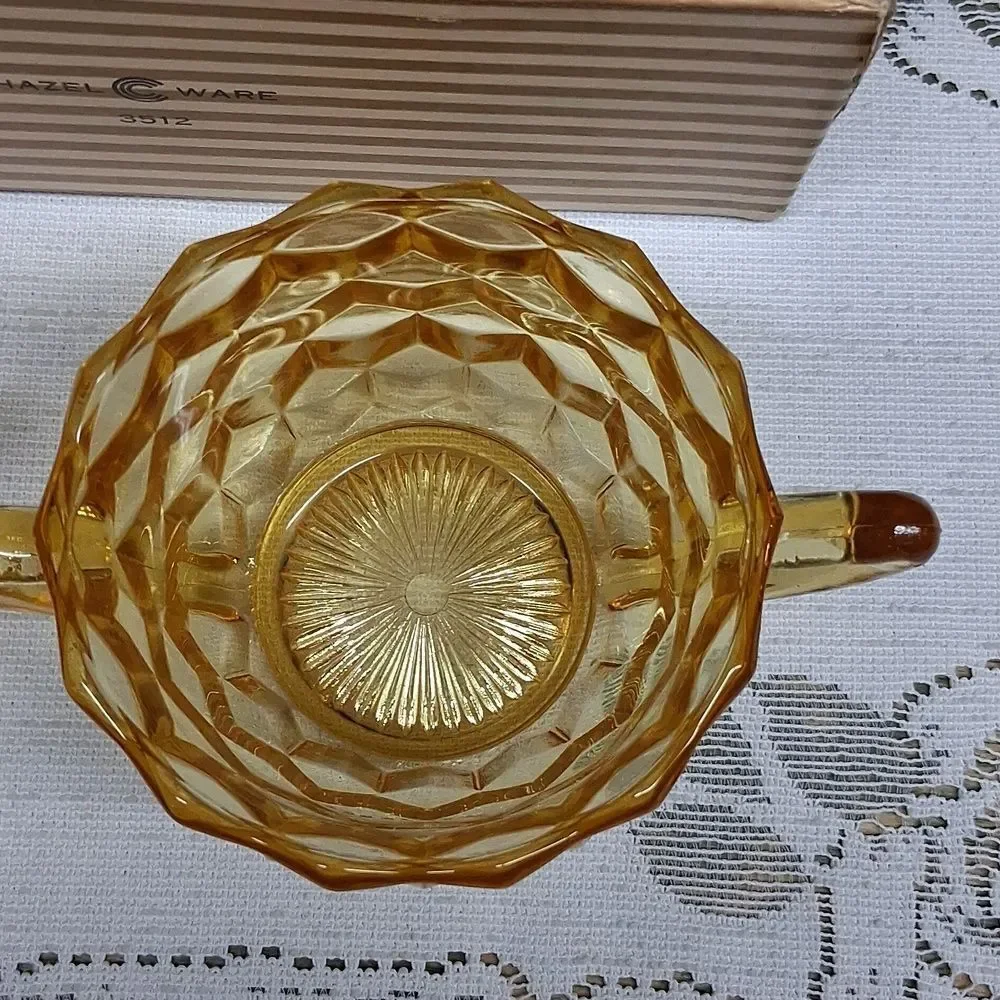 Vintage amber glass creamer and sugar set‎ -cubist depression glass